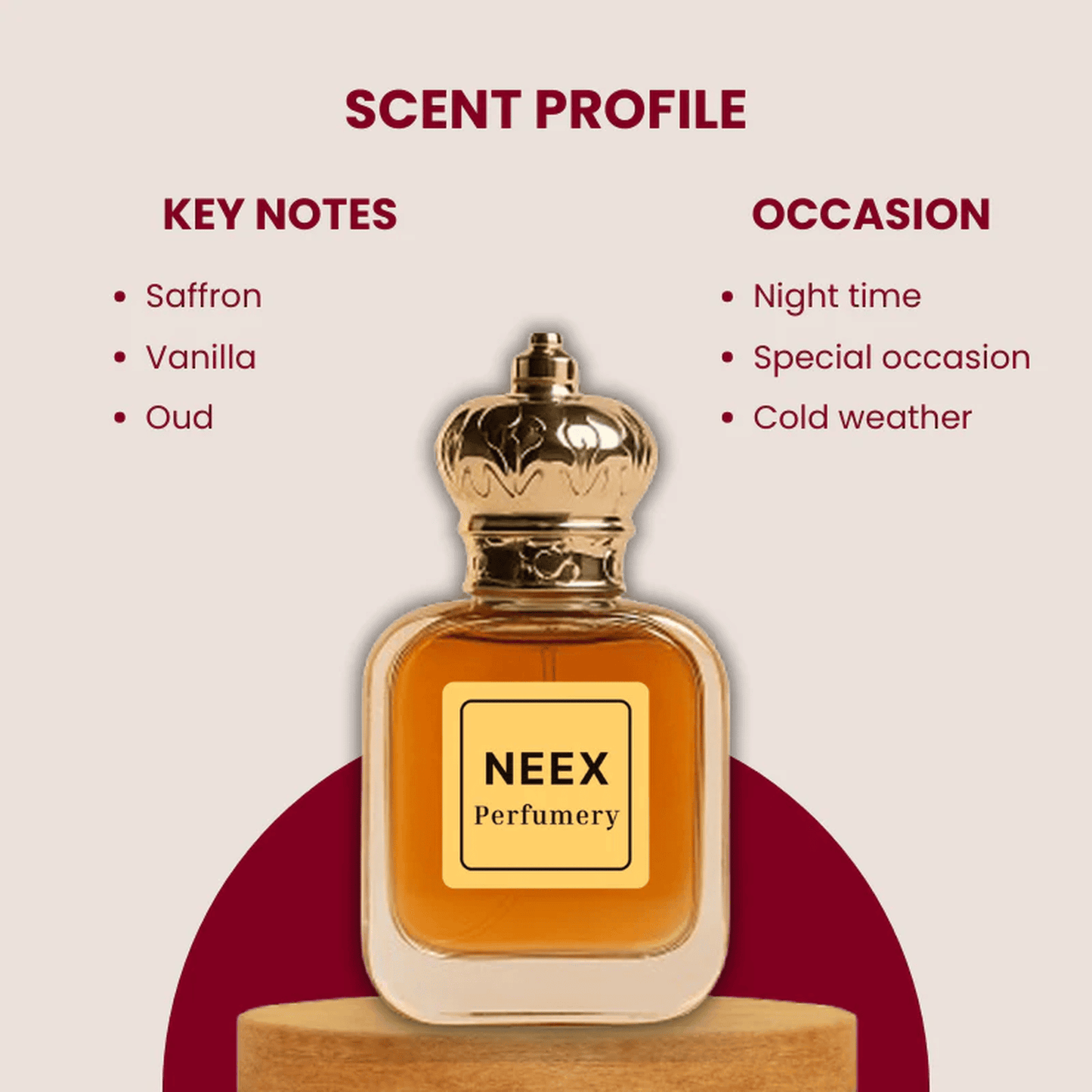 Amber fragrance with saffron, vanilla, and oud – opulent and bold