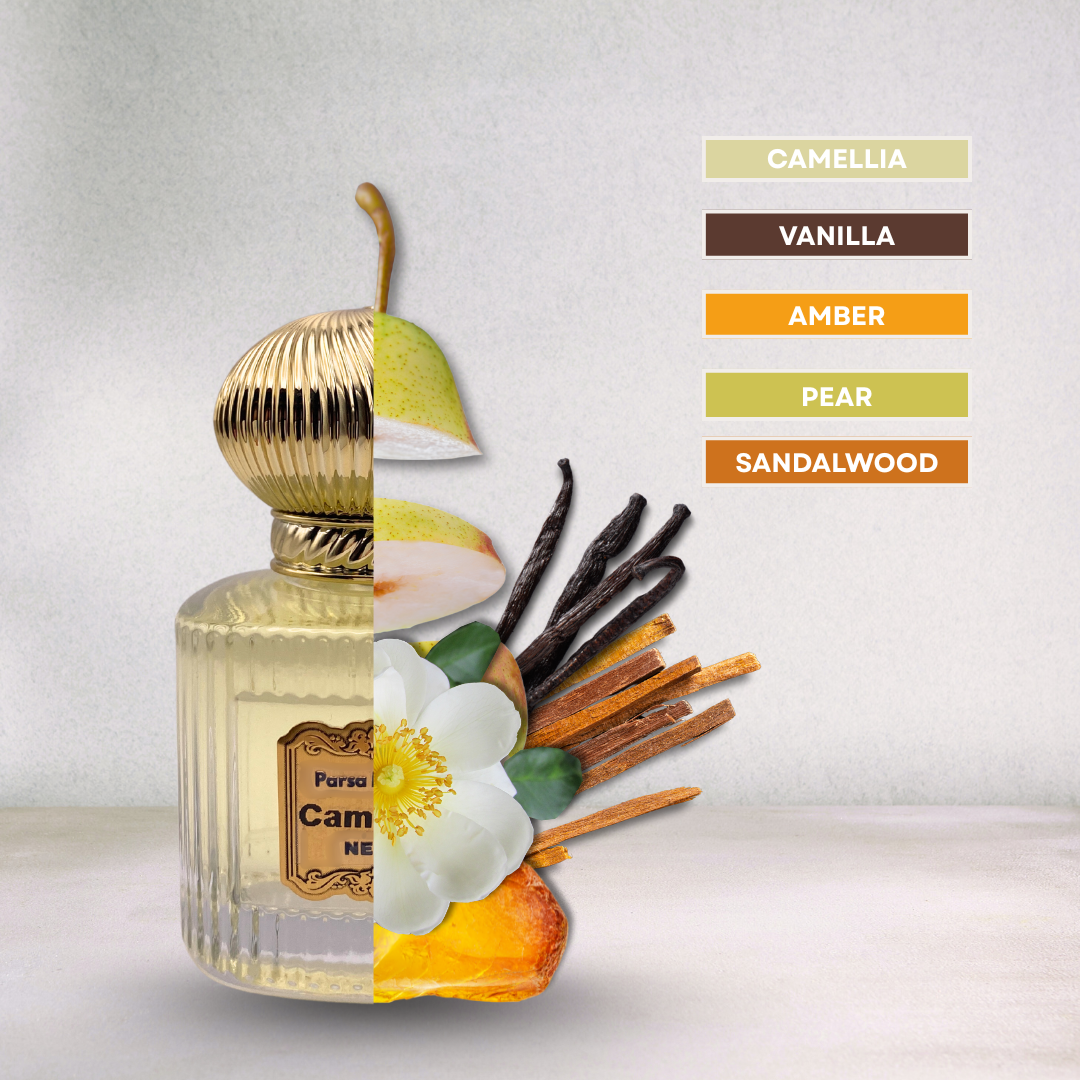 Luxury fragrance with camellia, rose, pear – luminous & graceful
