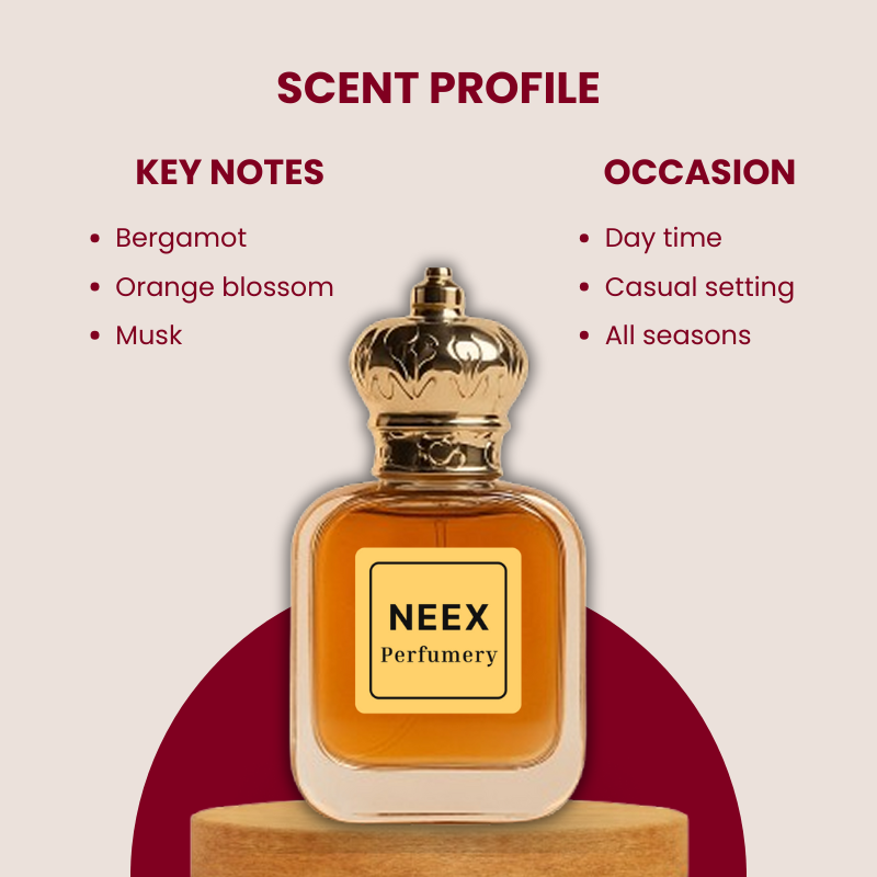 Luxury fragrance with bergamot, orange blossom, musk – clean & confident