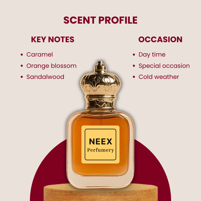Luxury fragrance with caramel, orange blossom, sandalwood – sweet & indulgent