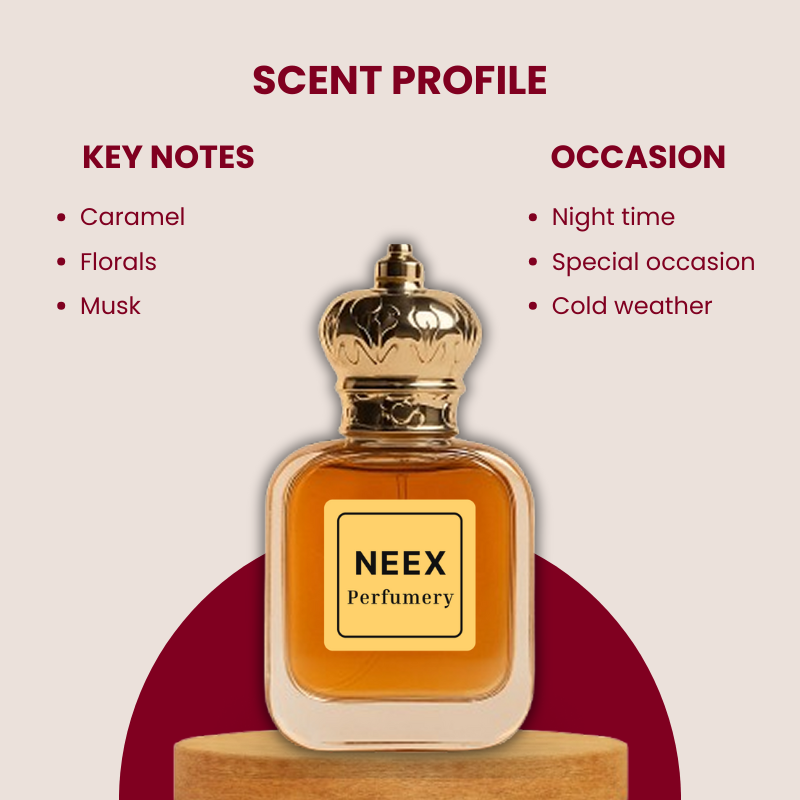 Sweet gourmand fragrance with caramel, florals, and musk – soft and comforting