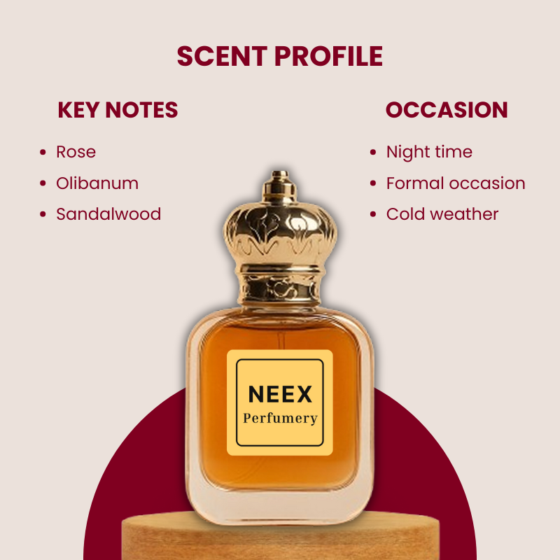 Smoky floral fragrance with rose, olibanum, and sandalwood – romantic and deep