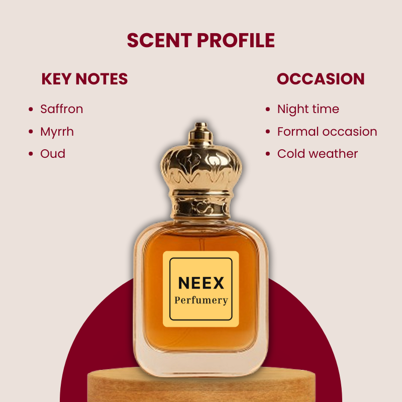 Woody oriental fragrance with saffron, myrrh, and oud – bold and elegant