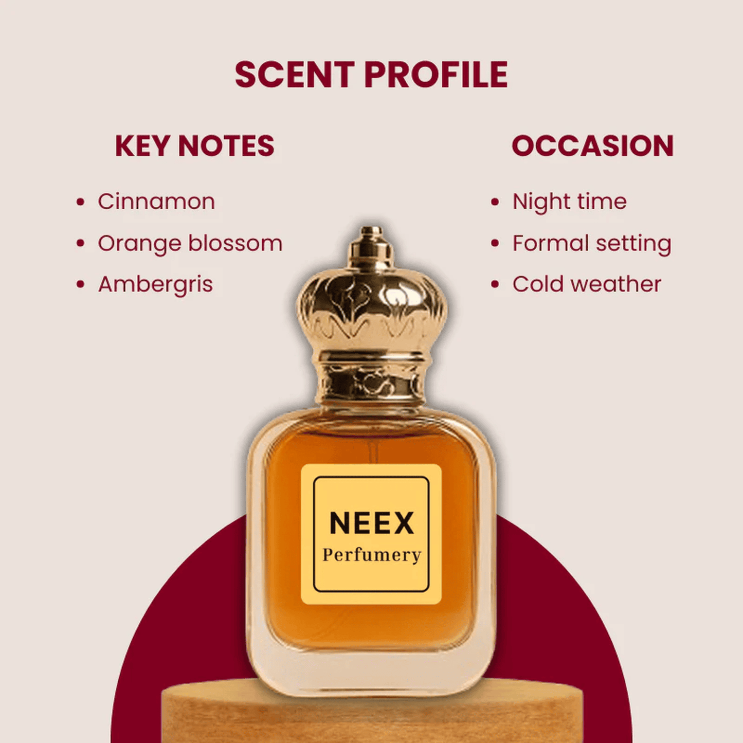 Luxury fragrance with cinnamon, orange blossom, ambergris – sensual & elegant.