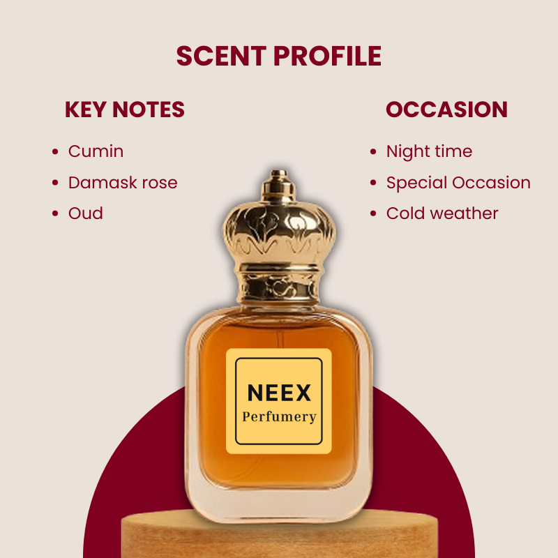 Spicy and amber fragrance with cumin, damask rose, and oud – bold and elegant