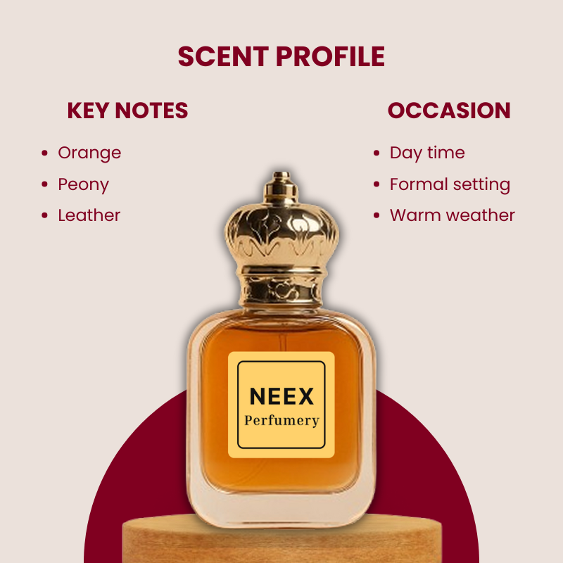 Floral and woody fragrance with bitter orange, peony, and leather – elegant and masculine