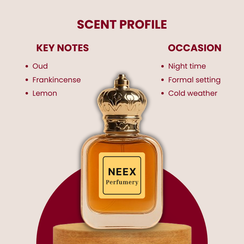Smoky woody fragrance with oud, frankincense, and lemon – bold and mysterious