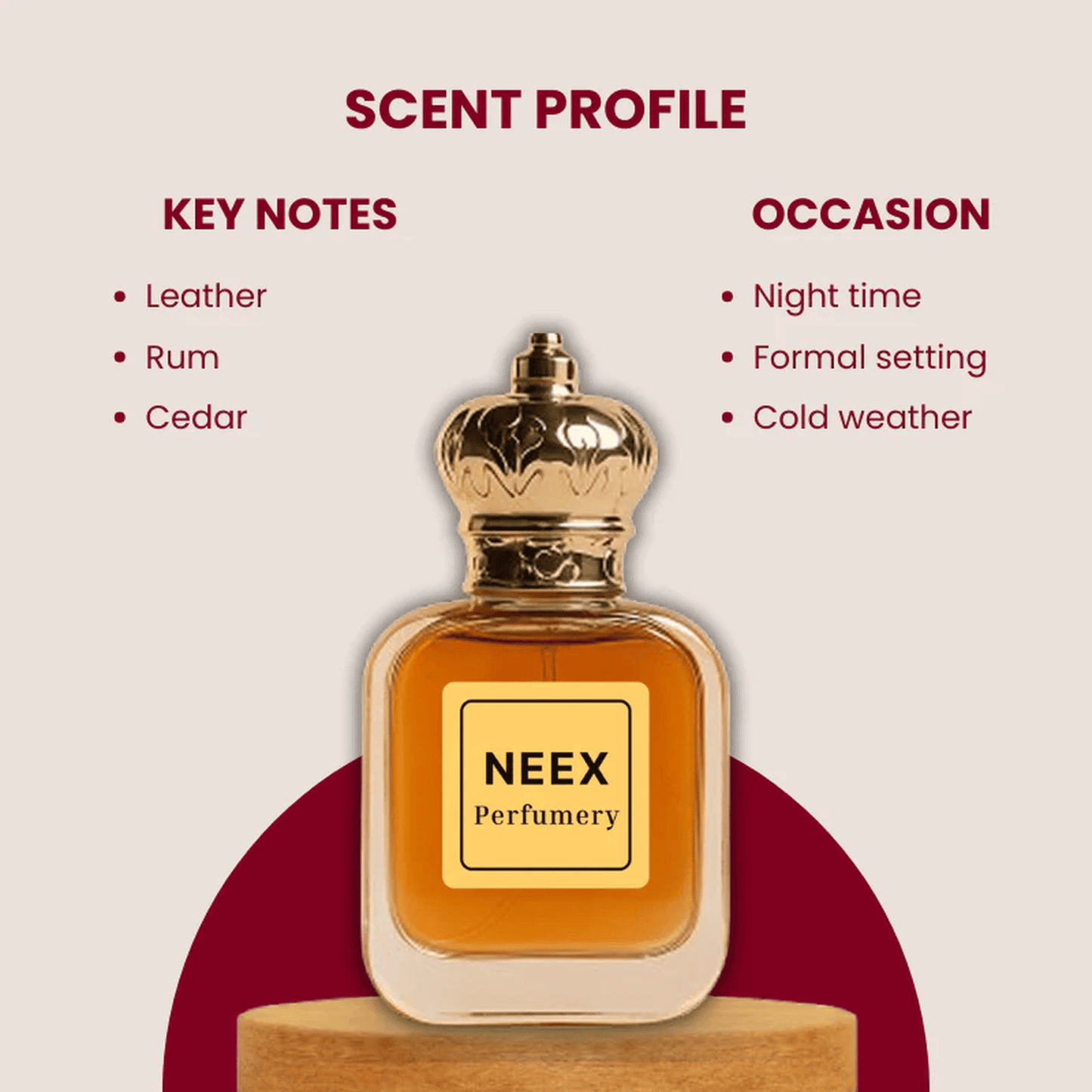 Woody elegant fragrance with leather, rum, and cedarwood – bold and refined