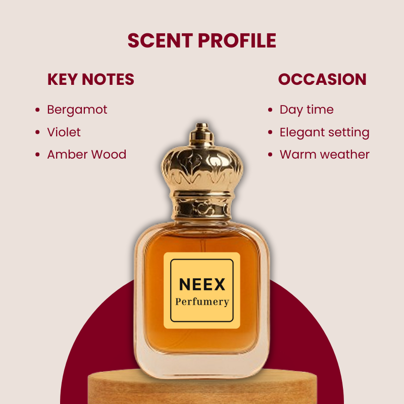 Fresh fragrance with bergamot, violet, and amberwood – elegant and graceful