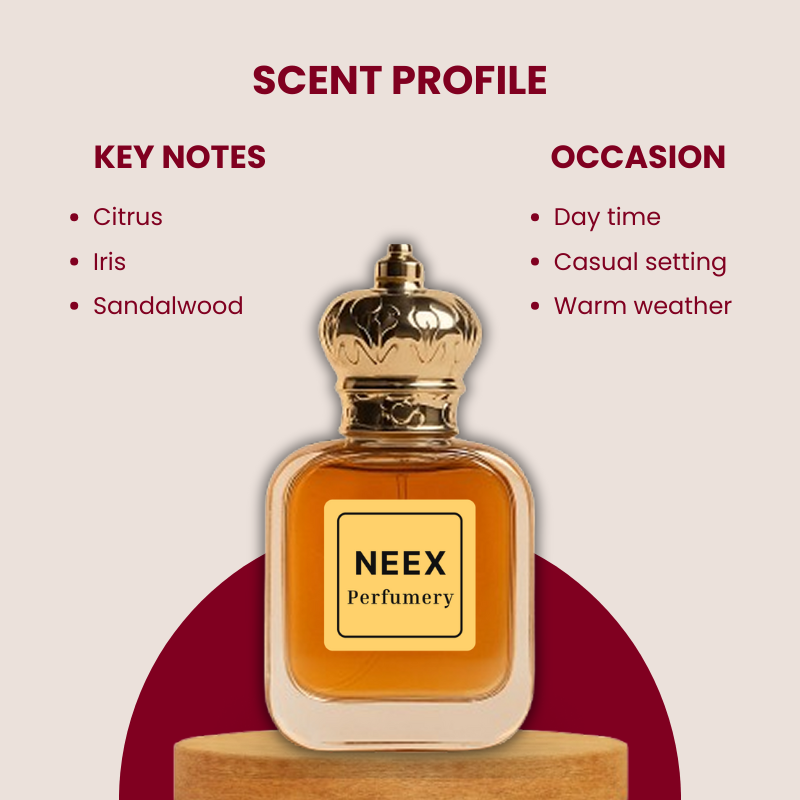 Fresh fragrance with citrus, iris, and sandalwood – refined and elegant