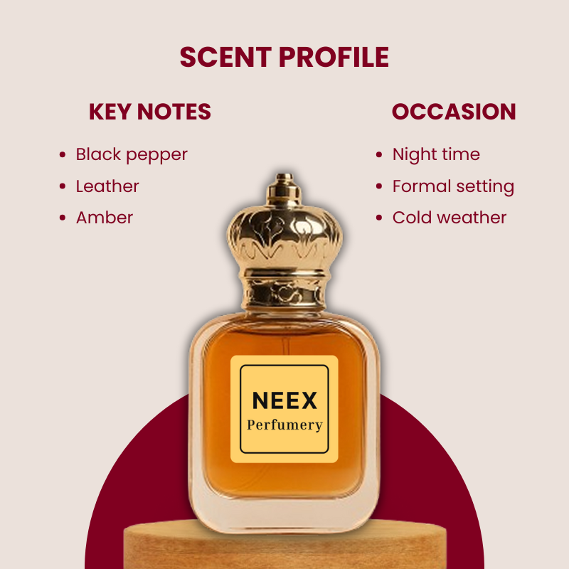 Luxury fragrance with black pepper, leather, amber – sensual & elegant.