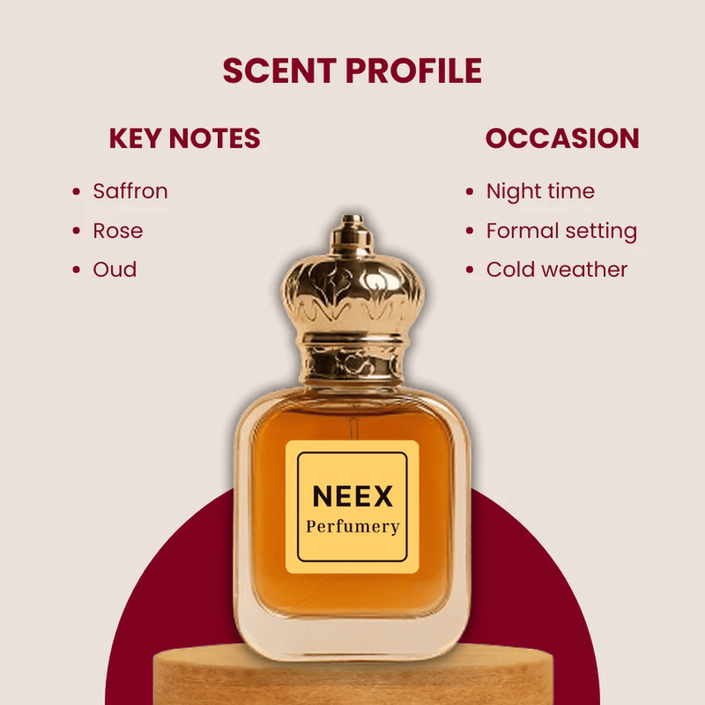 Luxury fragrance with saffron, rose, oud – deep & luxurious