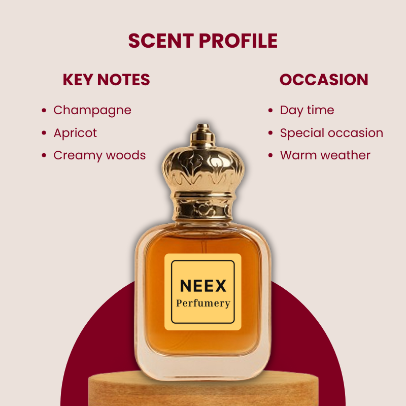 Luxury fragrance with champagne, apricot, creamy woods – delicate & effervescent