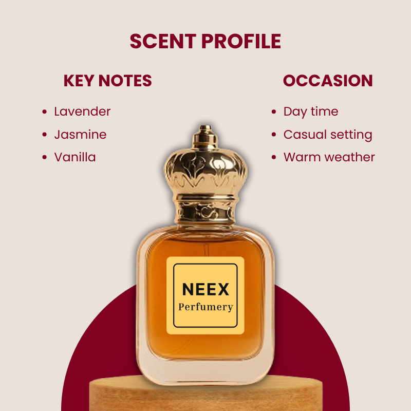 Luxury fragrance with lavender, jasmine, vanilla – sensual & elegant.