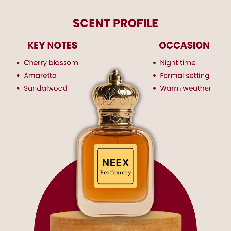 Floral and warm fragrance with cherry blossom, amaretto, and sandalwood – romantic and elegant
