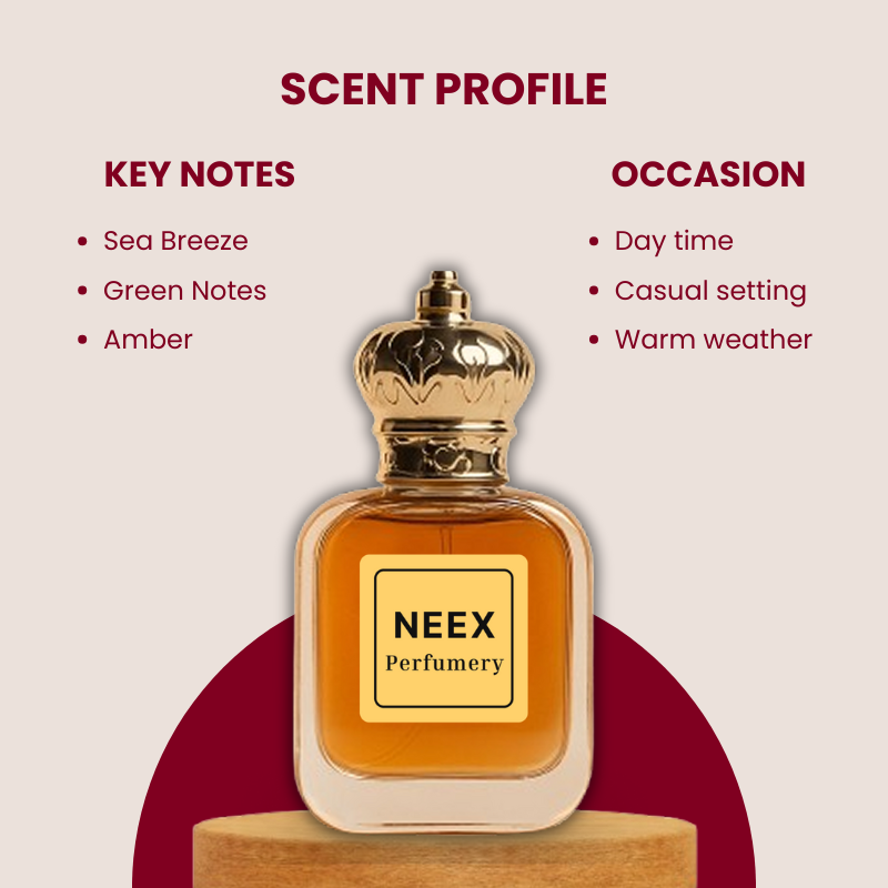 Aquatic fragrance with sea breeze, green notes, and amber – crisp and refreshing