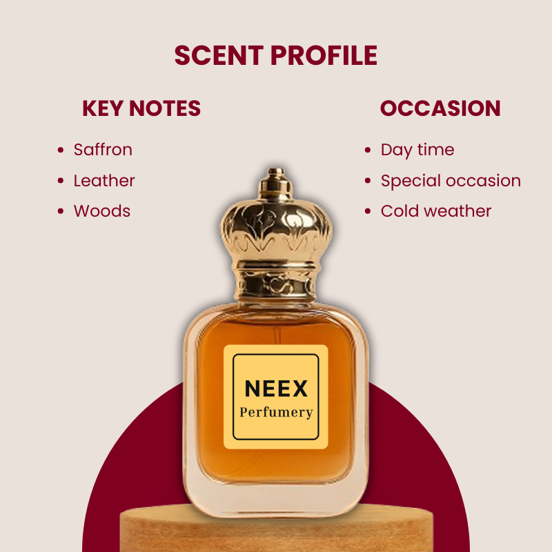 Spicy oriental fragrance with saffron, leather, and woods – bold and mysterious