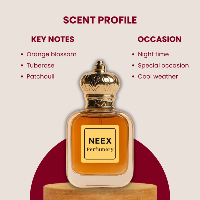 Luxury fragrance with orange blossom, tuberose, patchouli – sensual & elegant