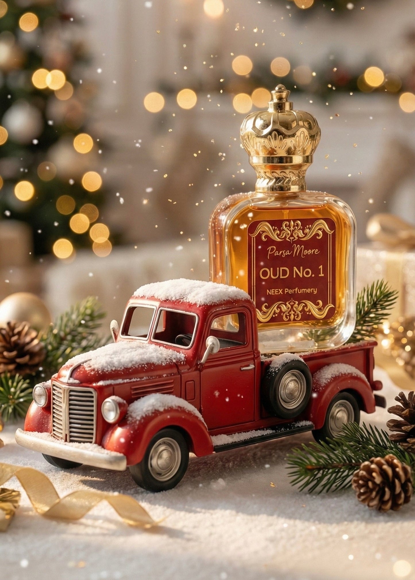 A small red vintage holiday truck carrying a Parsa Moore Original Oud No.1 perfume bottle in its trunk, surrounded by festive lights, soft snow effects, and warm holiday atmosphere.