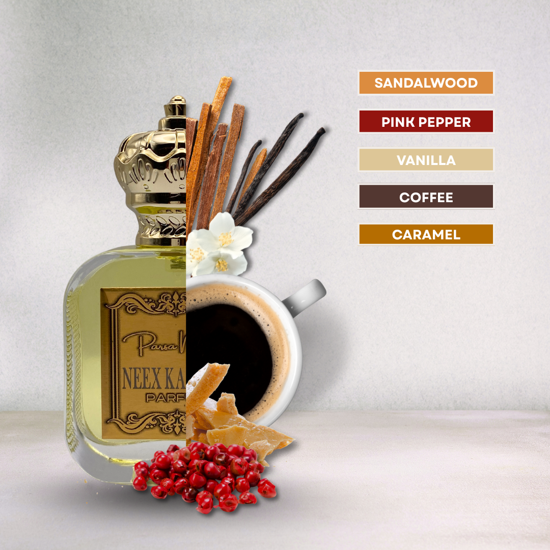 Warm fragrance with sandalwood, vanilla, coffee – smooth & elegant