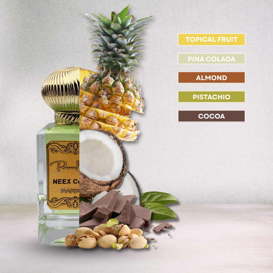 Luxury fragrance with tropical fruits, pistachio, coffee – fun & indulgent