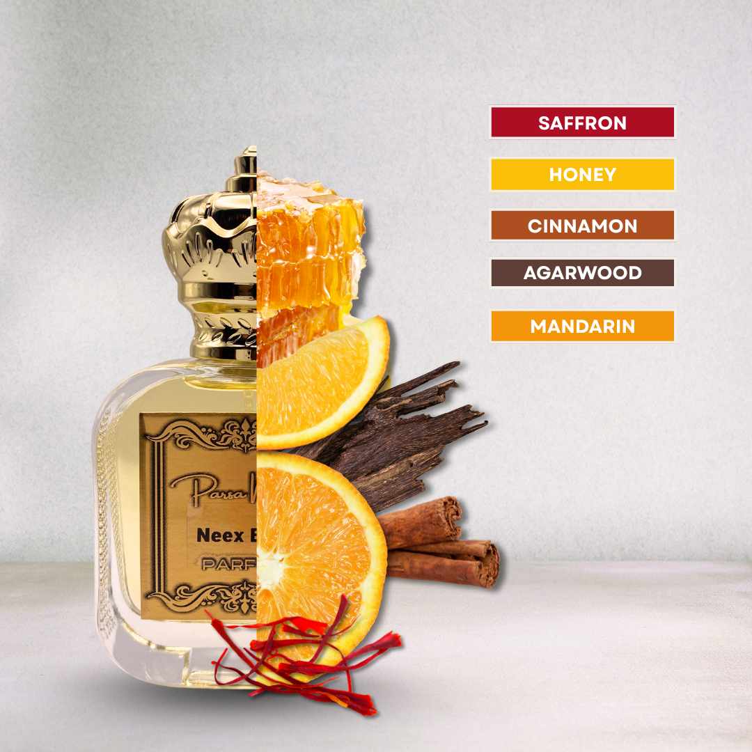 Luxury fragrance with honey, saffron, oud – powerful & bold