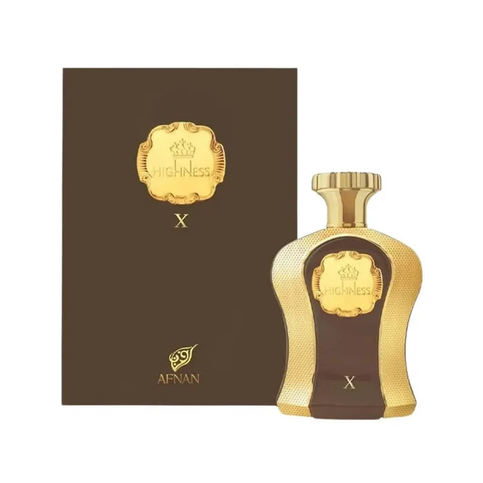 Gold and brown Afnan perfume bottle with packaging on a white background