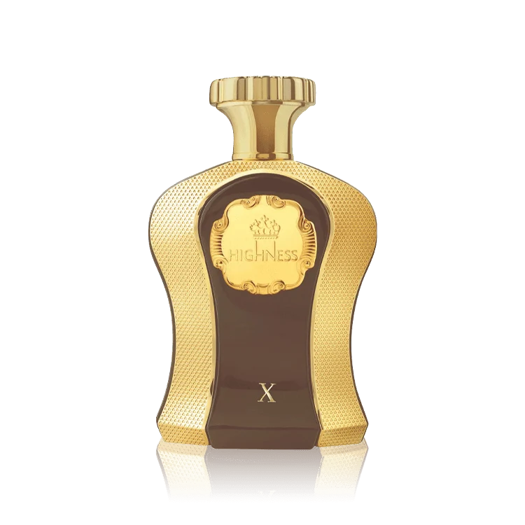 A luxury perfume bottle with a textured gold body, a dark brown center panel, and a gold cap, featuring the brand name 'HIGHNESS' and letter 'X' on the front.