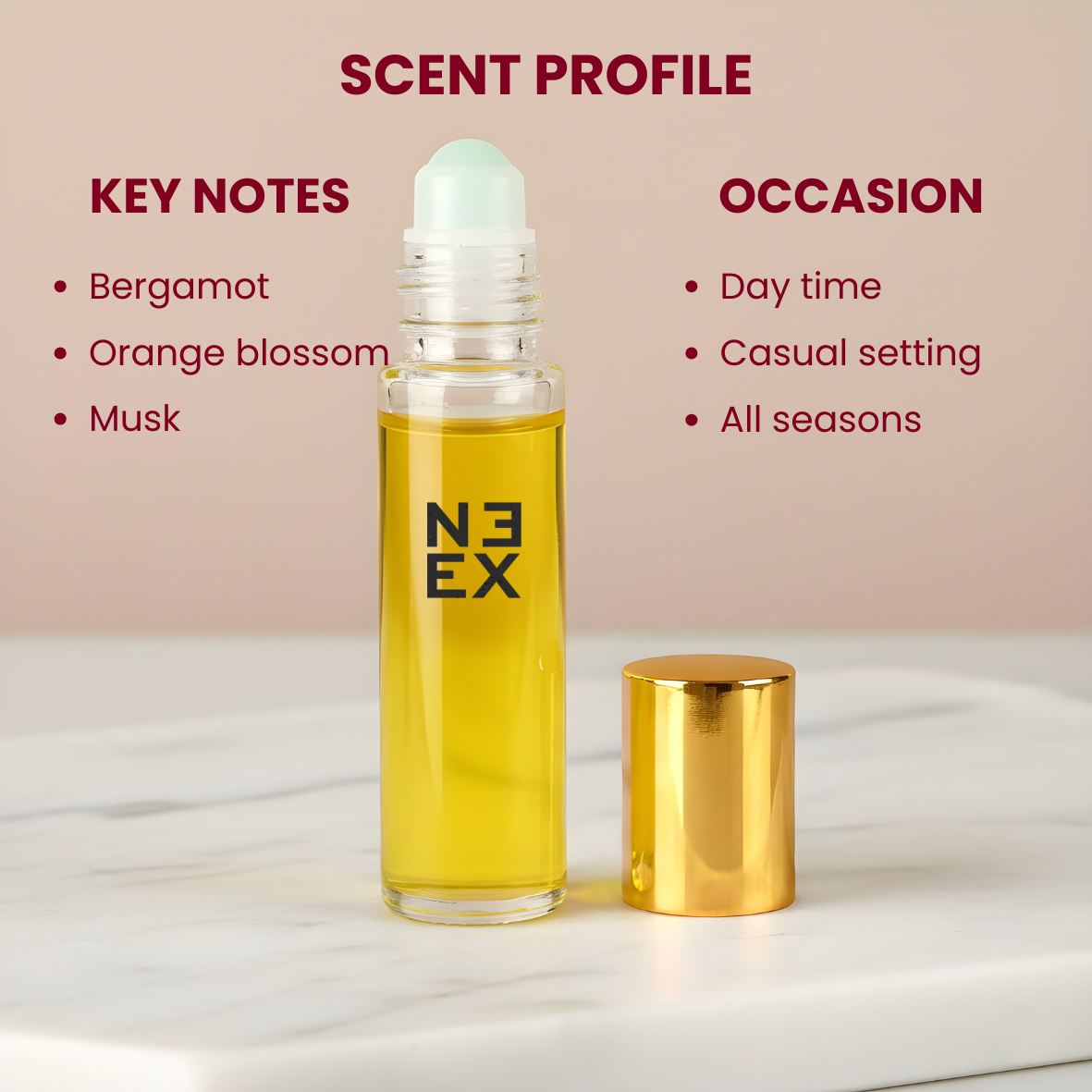 Concentrated aromatic floral perfume oil with notes of Tunisian orange blossom, ambrofix, and patchouli – modern & crisp.