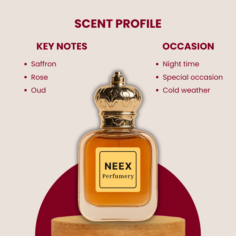 Luxury oriental fragrance with saffron, rose, and oud – dark & opulent.