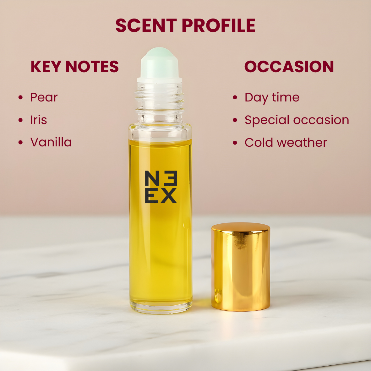 Luxury gourmand fragrance with praline, iris, and vanilla – sweet & elegant.