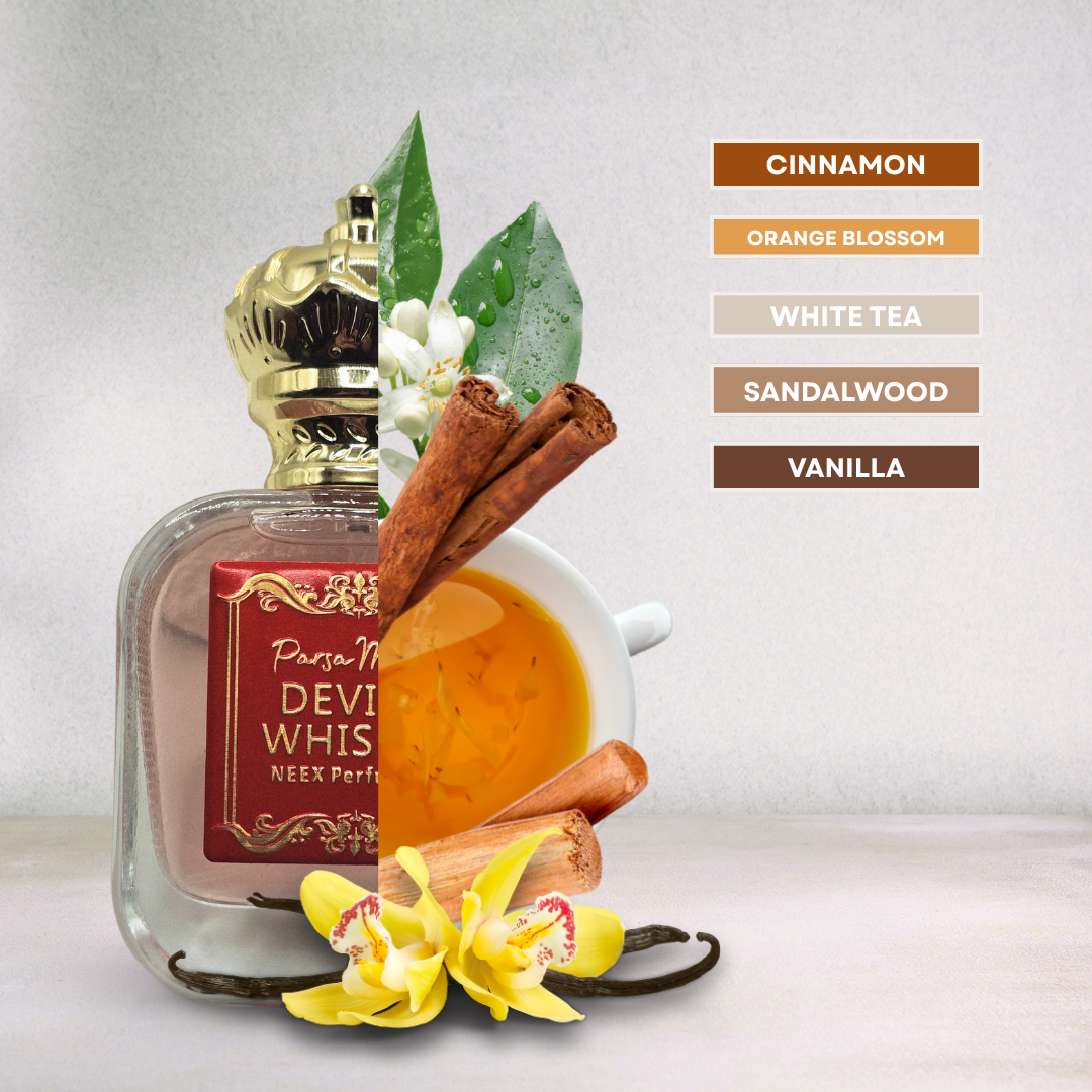 Luxury fragrance with white tea, orange blossom, and vanilla – elegant & seductive