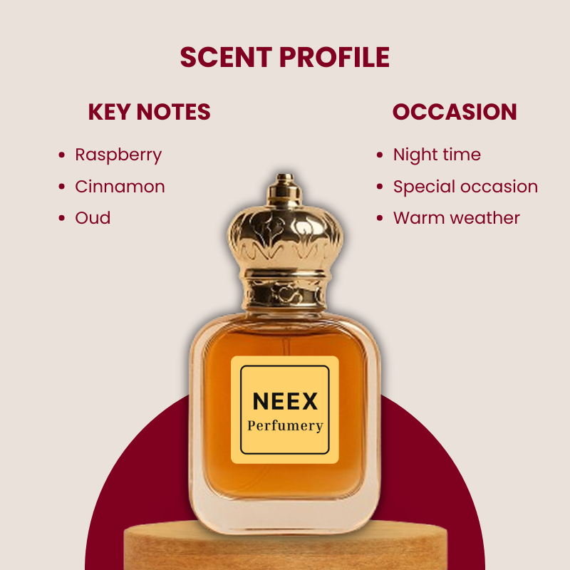 High-contrast leather fragrance with neon raspberry, cinnamon, and oud – intense & modern.