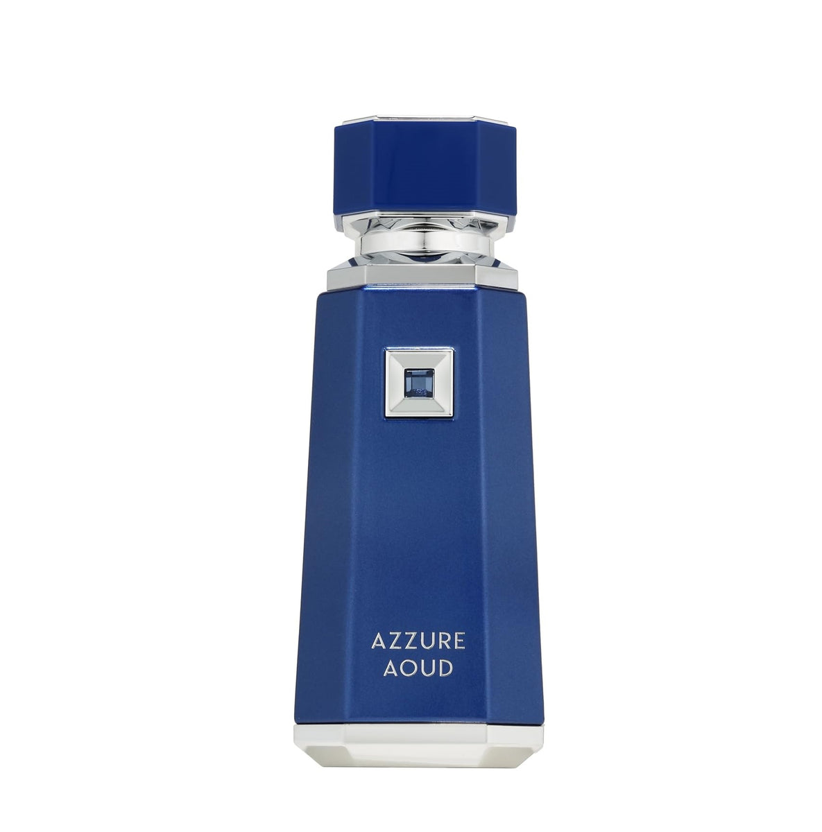 A tall, geometric blue perfume bottle with silver metallic accents and the text 'AZZURE AOUD' printed on the front, set against a plain white background.