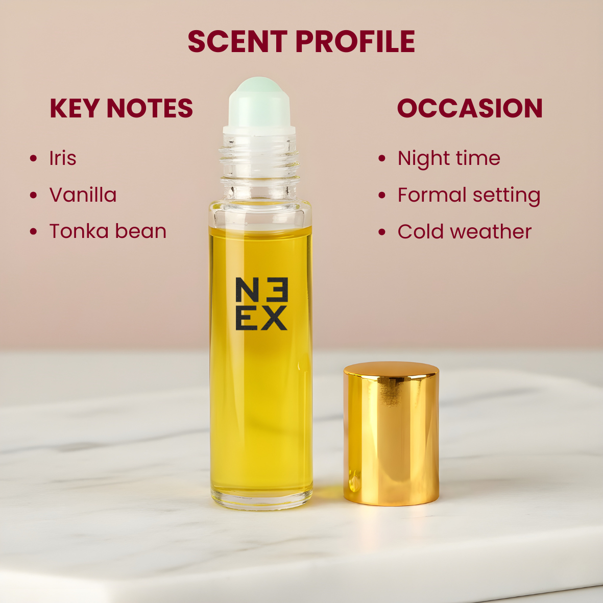 Concentrated amber woody perfume oil with notes of vanilla, sage, and patchouli – deep & velvety.