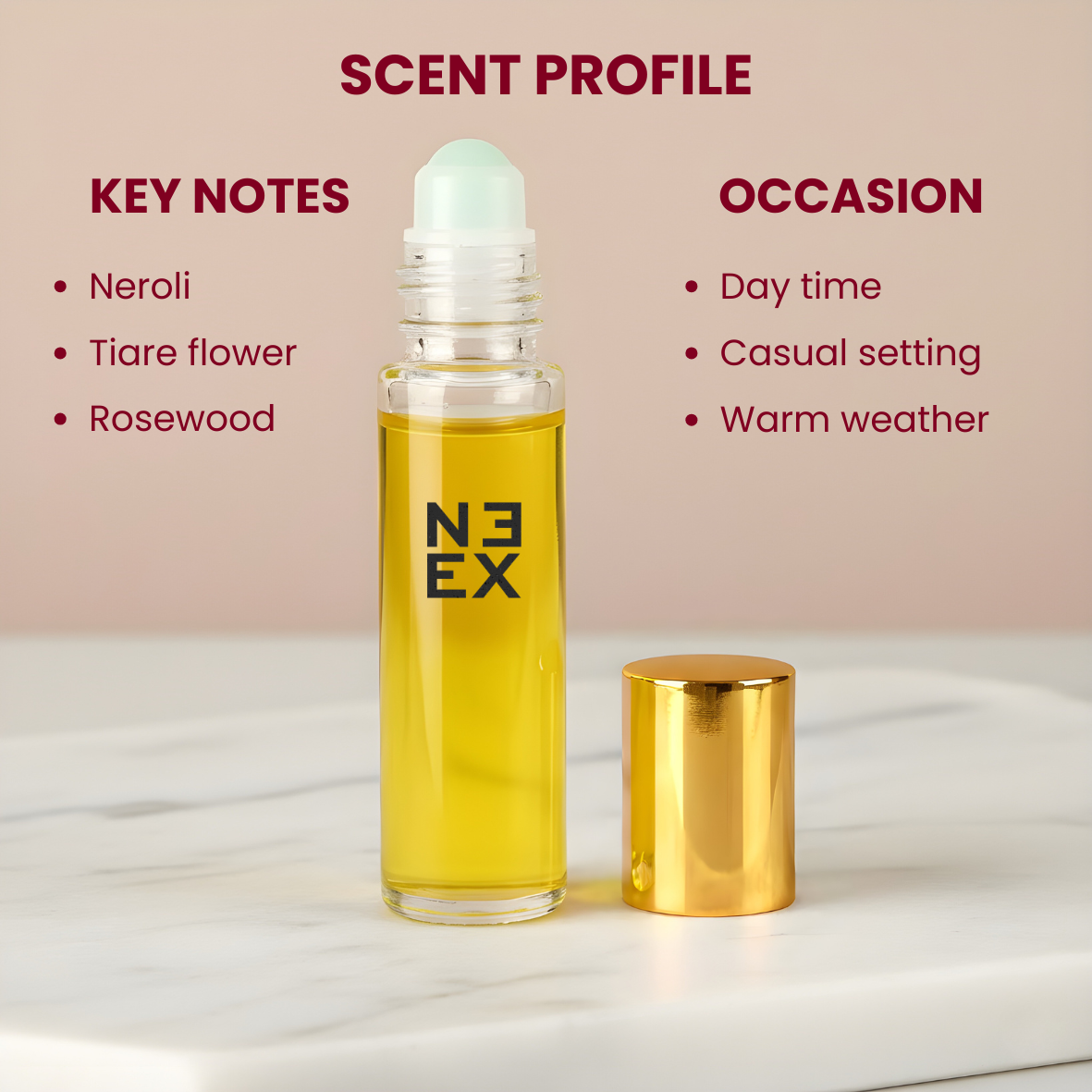 Concentrated floral perfume oil with notes of creamy rosewood – seductive & vibrant.