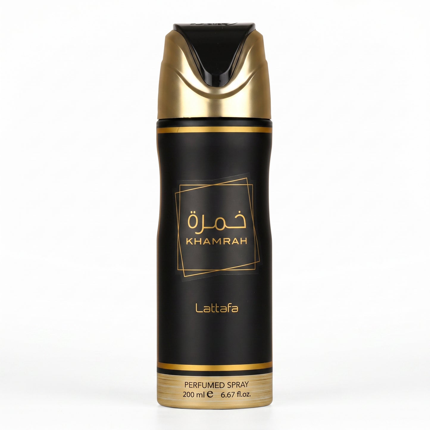 A 200 ml black and gold spray bottle of Lattafa Khamrah Perfumed Body Spray, shown on a clean white background.