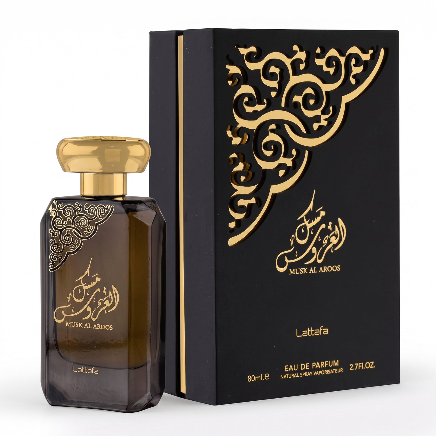 Lattafa Musk Al Aroos Eau De Parfum 80ml bottle with a gold cap next to its black and gold ornate packaging box.