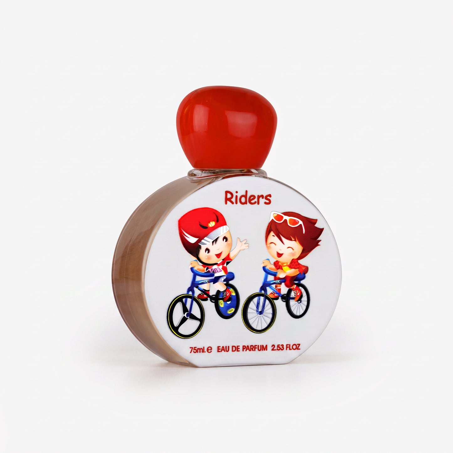 A 75ml round perfume bottle with a glossy red cap, featuring a cartoon illustration of two children riding bicycles on the front label. The label reads 'Riders' and '75ml e Eau de Parfum 2.