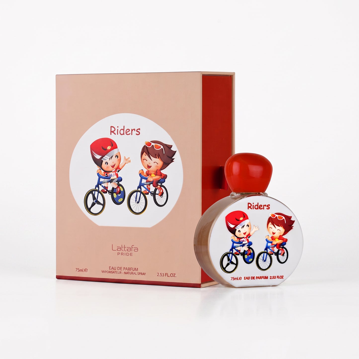 Lattafa Pride 'Riders' eau de parfum 75ml bottle with its peach-colored packaging box, featuring cartoon children riding bicycles on the labels.
