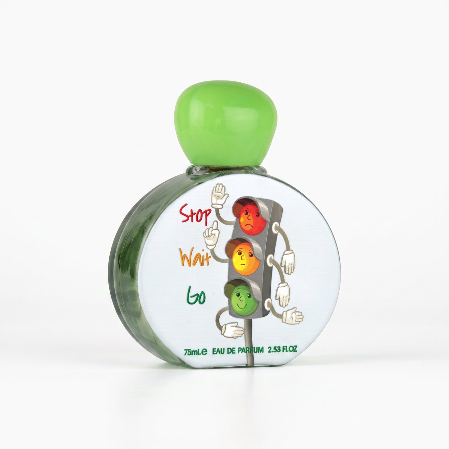 A 75ml glass Lattafa Pride perfume bottle with a light green cap, featuring a cartoon traffic light graphic with the words 'Stop', 'Wait', and 'Go' on the front label.