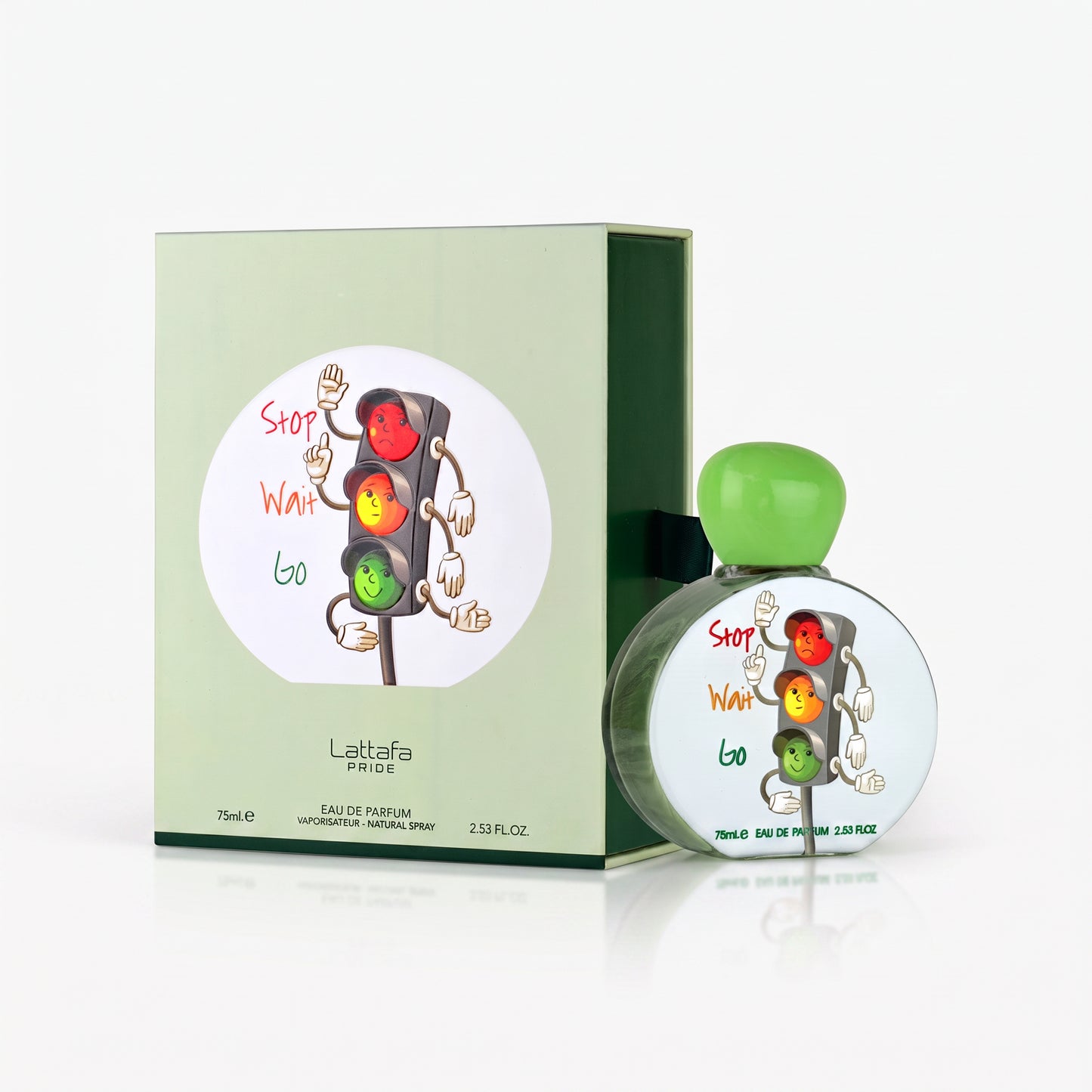 Lattafa Pride 'Stop, Wait, Go' Eau De Parfum 75ml bottle and its matching green packaging box, both decorated with a cartoon traffic light illustration.