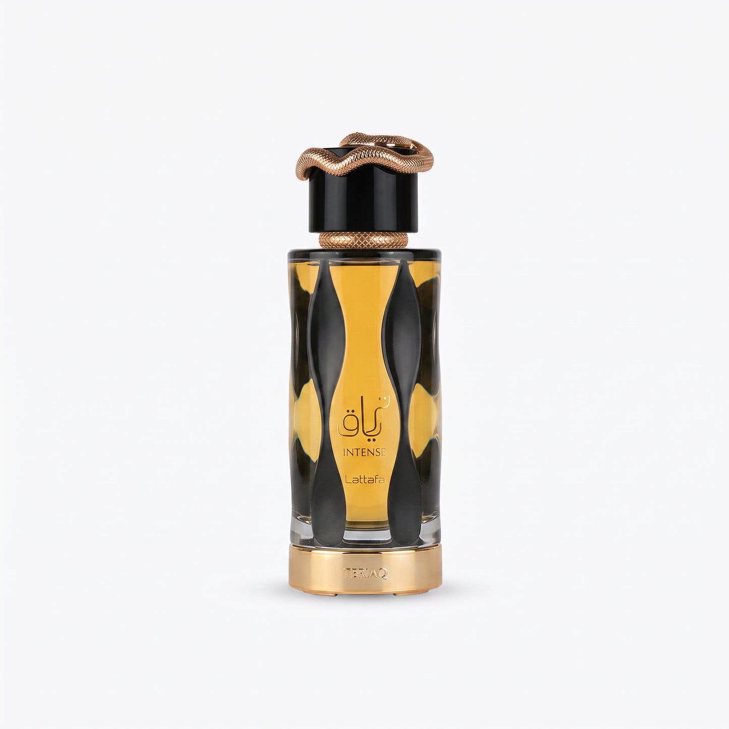 A luxury perfume bottle with a black and gold wavy pattern, topped with a metallic rose gold snake cap, on a clean white background. Lattafa Teriaq Intense.