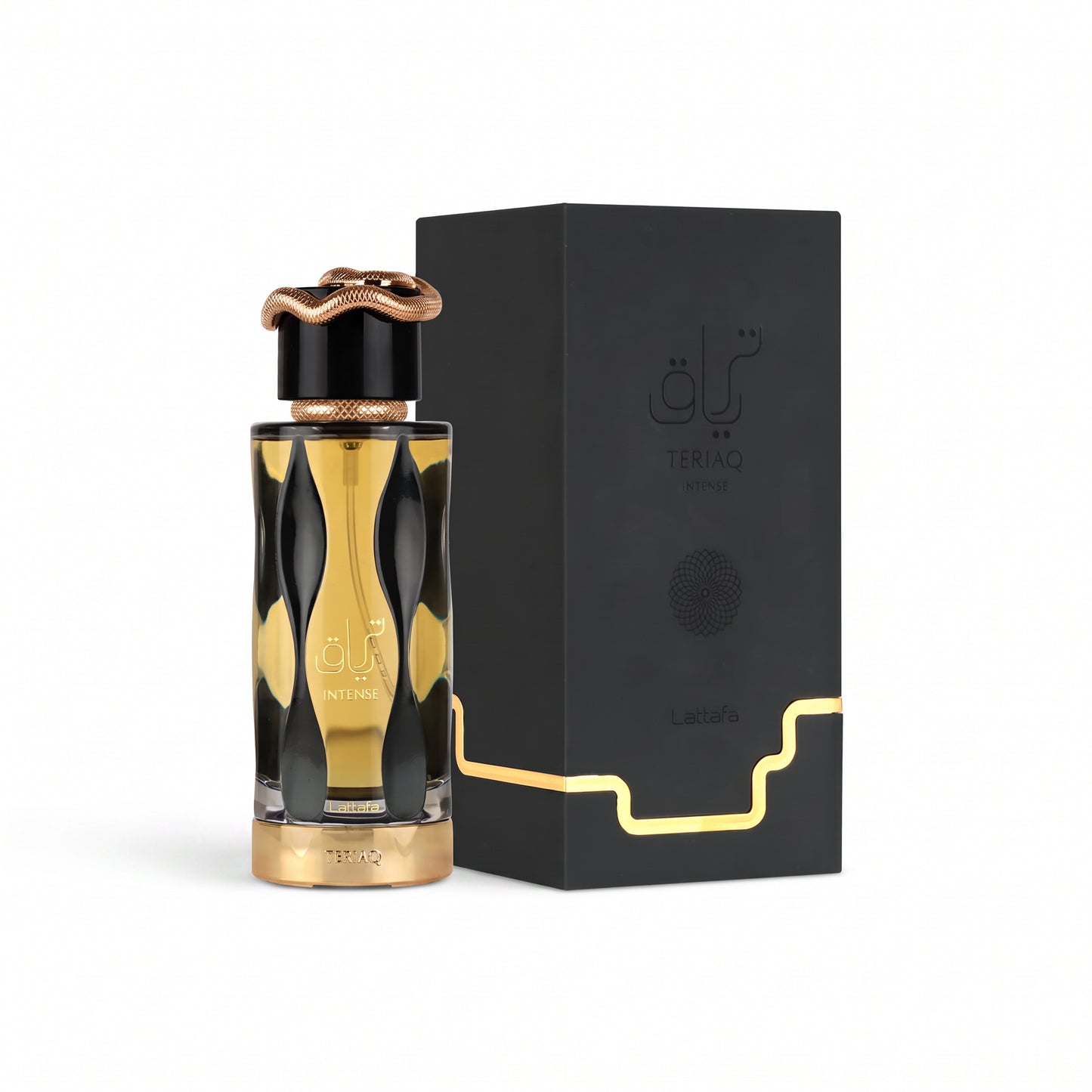 A luxury perfume bottle with a black and gold wavy pattern and a metallic rose gold cap, standing next to its black packaging box with gold accents. Lattafa Teriaq Intense.