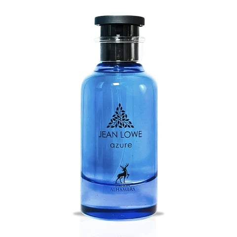 Maison Alhambra Jean Lowe Azure Eau de Parfum 100 mL blue bottle on a white background.