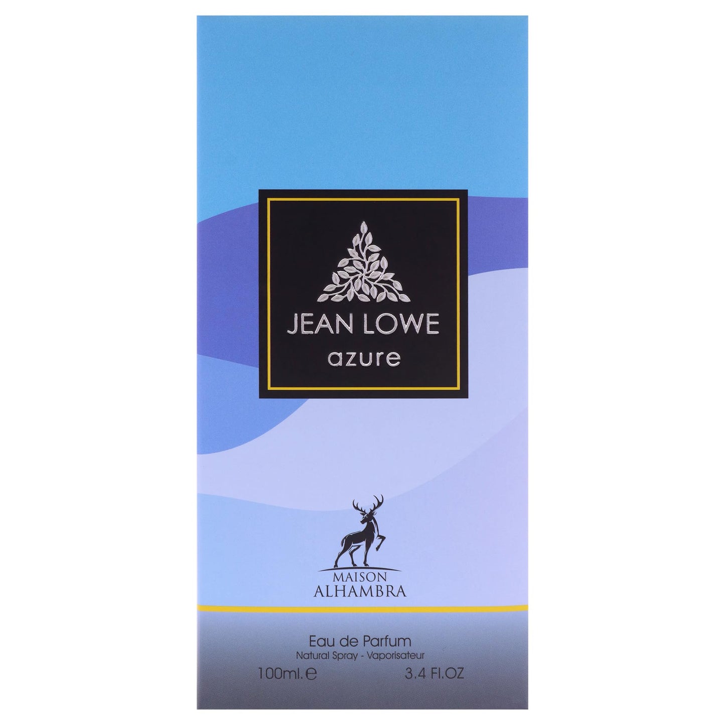 Maison Alhambra Jean Lowe Azure Eau de Parfum 100 mL blue retail box on a white background.