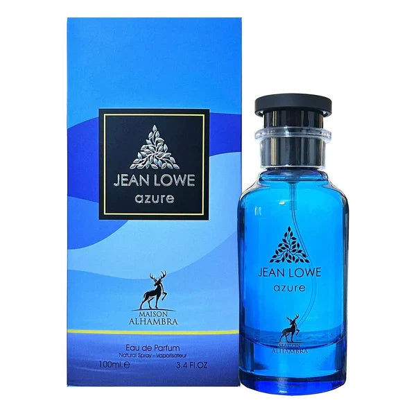 Maison Alhambra Jean Lowe Azure Eau de Parfum 100 mL bottle displayed beside its blue presentation box.