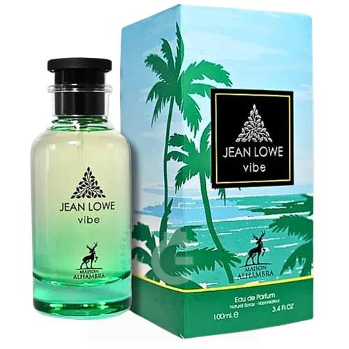 Maison Alhambra  Jean Lowe Vibe Eau de Parfum bottle and its packaging box. The bottle features a green gradient liquid in a clear glass container with a black cap, while the box displays a tropical beach scene with palm trees and a black logo panel.