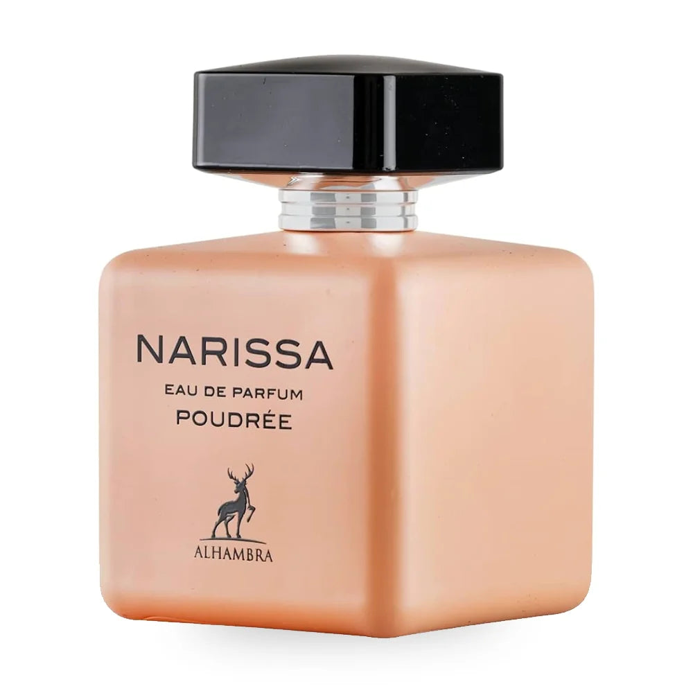 Perfume bottle labeled 'Narissa Eau de Parfum Poudree' by Maison Alhambra on a white background
