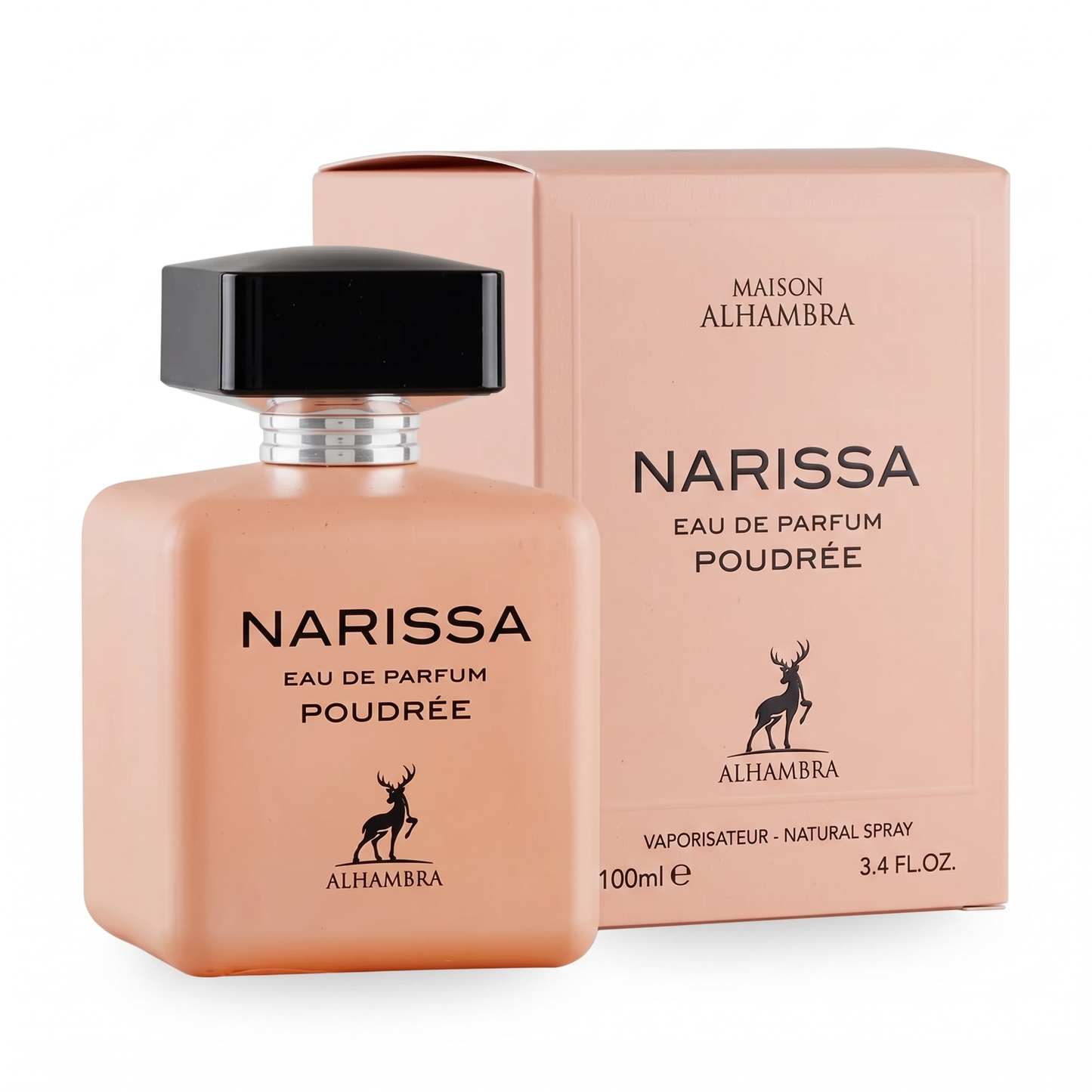 Maison Alhambra Narissa Eau de Parfum bottle in a peach-pink color with a black cap, shown next to its matching pink packaging box on a white background.
